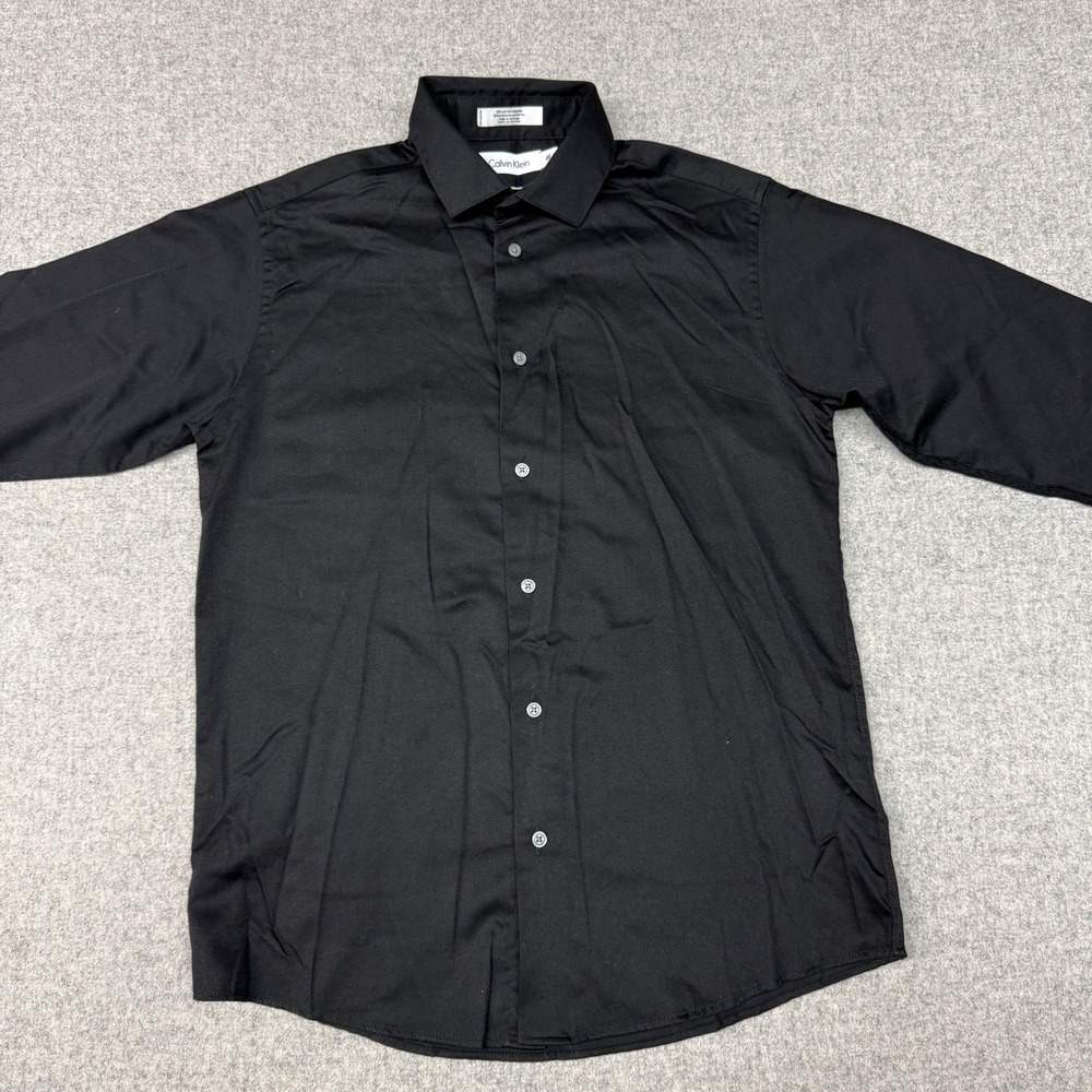 Calvin Klein Dress Shirt 16 Regular Black Sateen Button Down Long Sleeve Formal